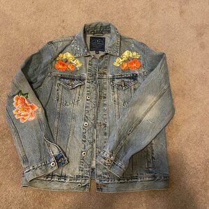 Lucky Brand Embroidered Denim Jean Jacket Large Hippie Tropical 90s